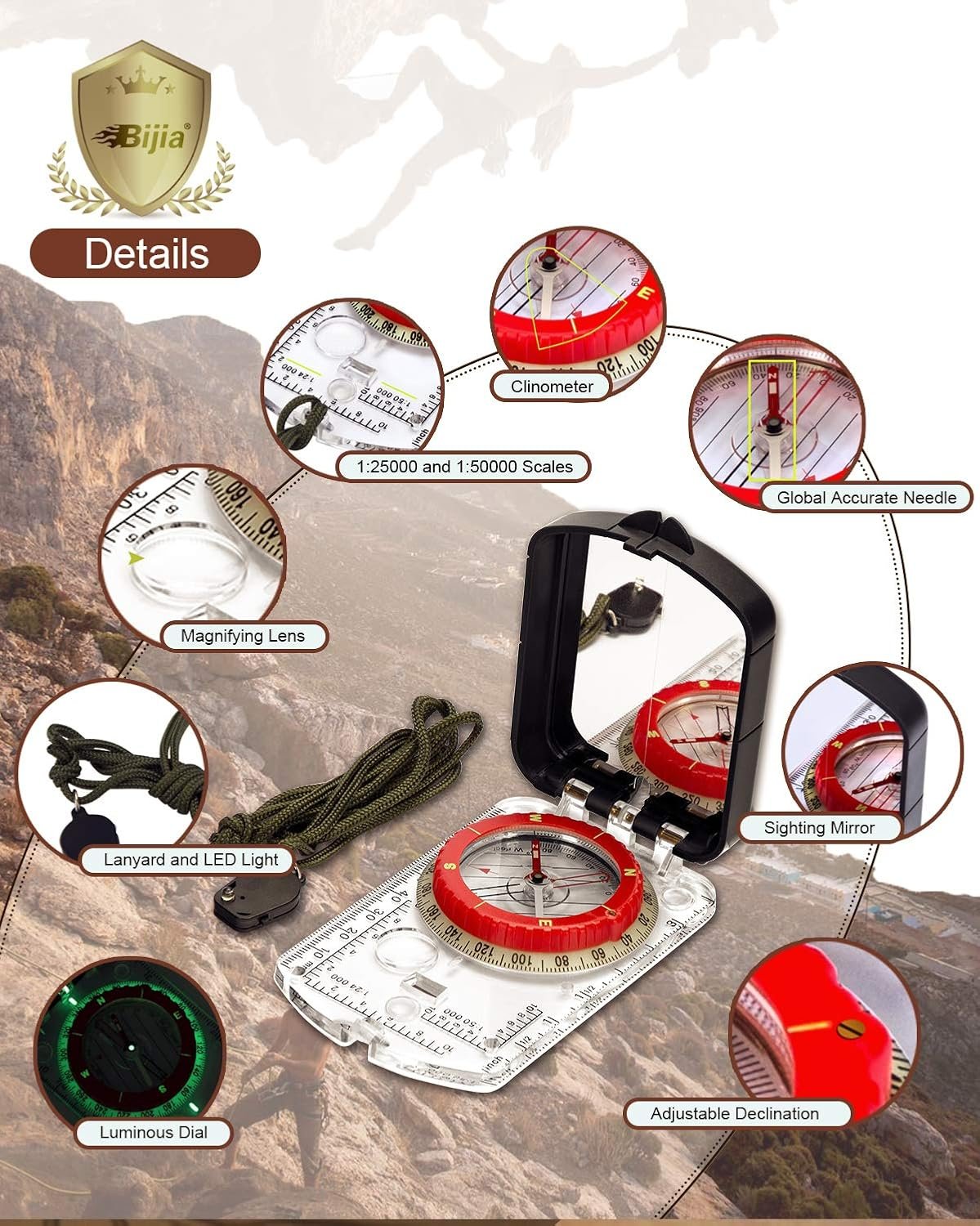 BIJIA Orienteering Map Compass -Sighting Mirror Compass with Adjustable Declination,Clinometer and LED light for Hiking, Camping,Orienteering,Hunting,Global Mountaineering,Navigating and SAR training.