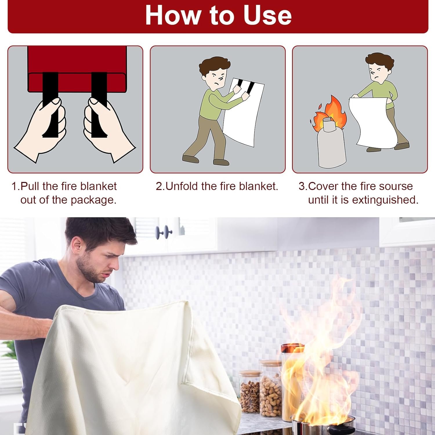 BOOMIBOO Emergency Fire Blanket for Home and Kitchen-1 Pack-High Heat Resistant Fire Suppression Blanket Fiberglass Flame Retardant Safety Blankets for Camping Office School Warehouse (39.4 x 39.4)