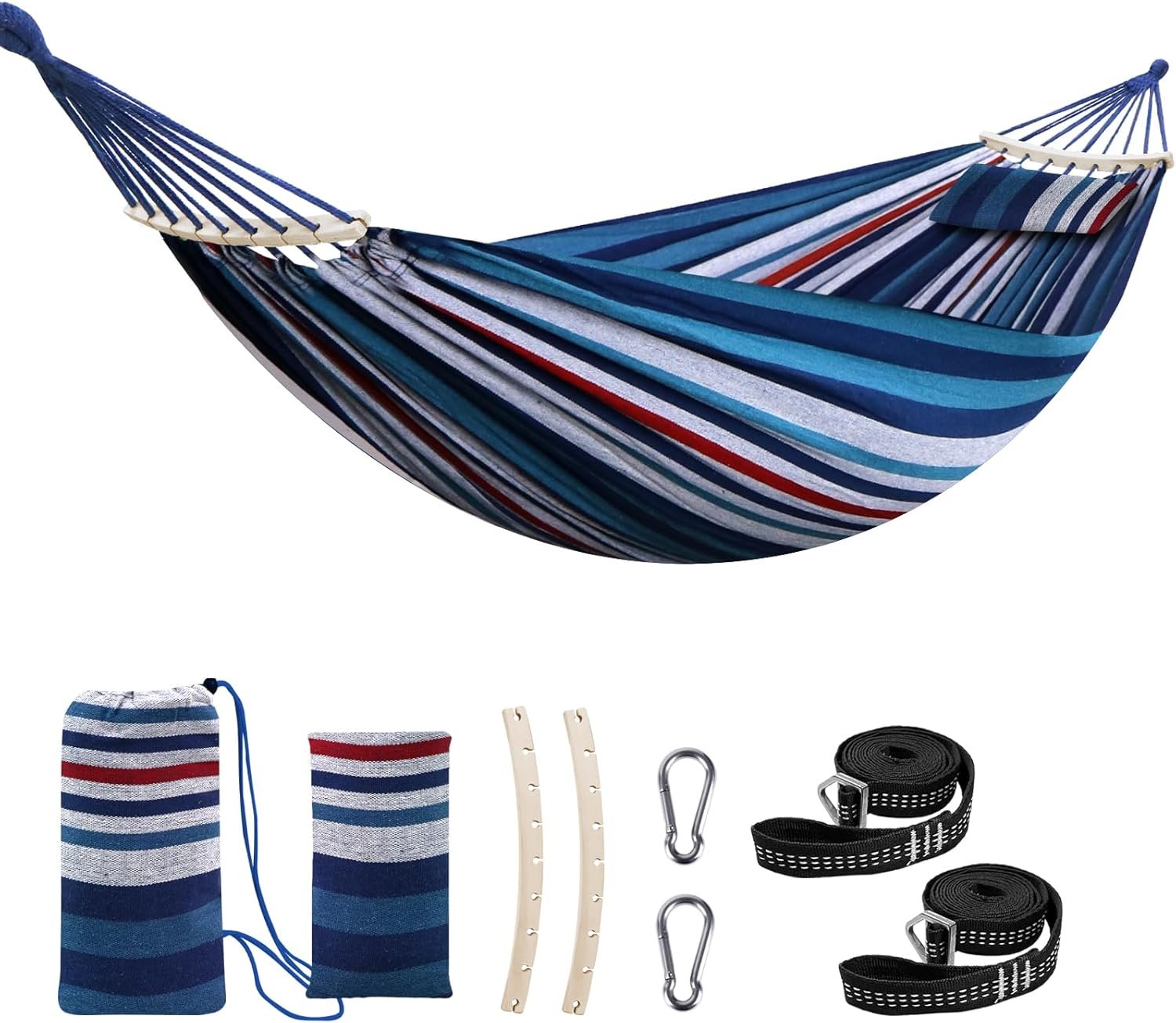 Chihee Cotton Hammock Large Soft Breathable Camping Hammock Holds Up to 660lbs Portable Tree Hammock with Detachable Spreader Bar Pillow 2 Strong Webbings 2 Carabiners Patio Garden Indoor Outdoor