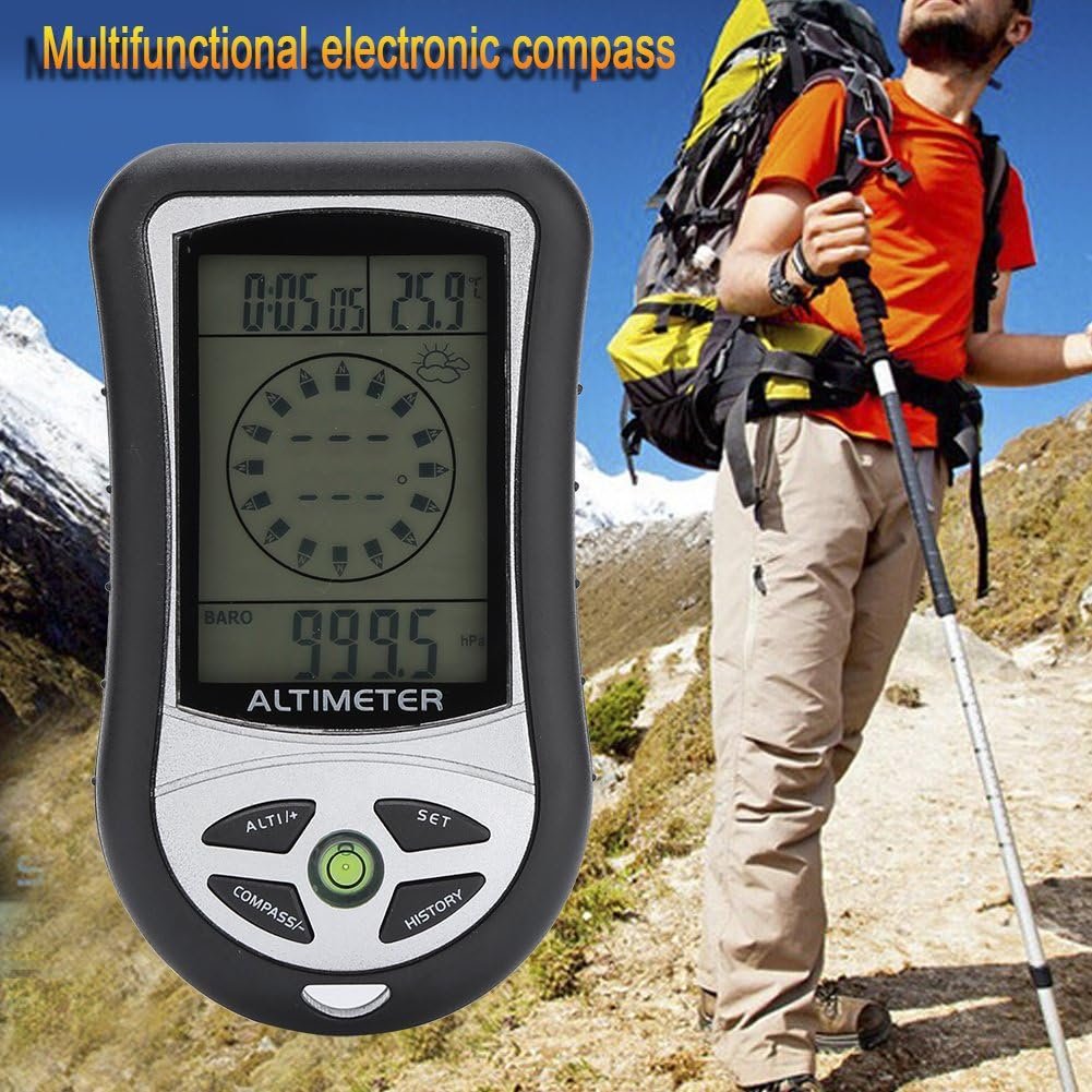 Dioche Barometer Altimeter, Multi-Function Digital Altimeter, Black Weather Forecast Hand-Hold Hiking Flashlight Altimeter for Outdoor Hiking