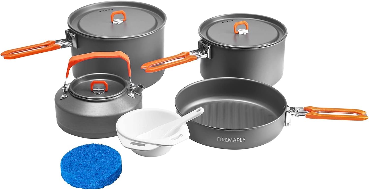 Fire-Maple Feast 4 Piece Camping Cookware Cookware Cookware Kit Outdoor Cookware Set with Pots, Kettle, Saucepans and Spatula for Hiking Fishing Picnic