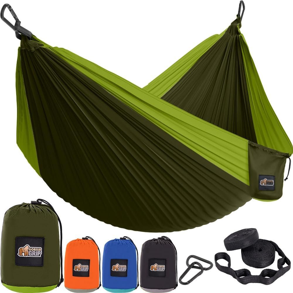 Gorilla Grip Durable Portable Camping Hammock, Holds 400lbs with Heavy Duty Tree Straps, Comfortable Travel Swing, Camp Hammocks, Easy to Use and Install, Outdoor Essentials, Green, 10x6.5 FT