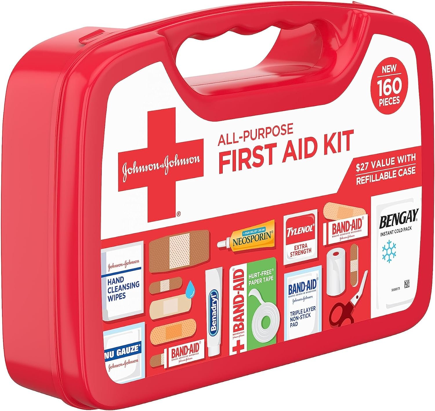 Johnson  Johnson All-Purpose Portable Compact First Aid Kit for Minor Cuts, Scrapes, Sprains  Burns, Ideal for Home, Car, Travel, Camping and Outdoor Emergencies, 160 pieces