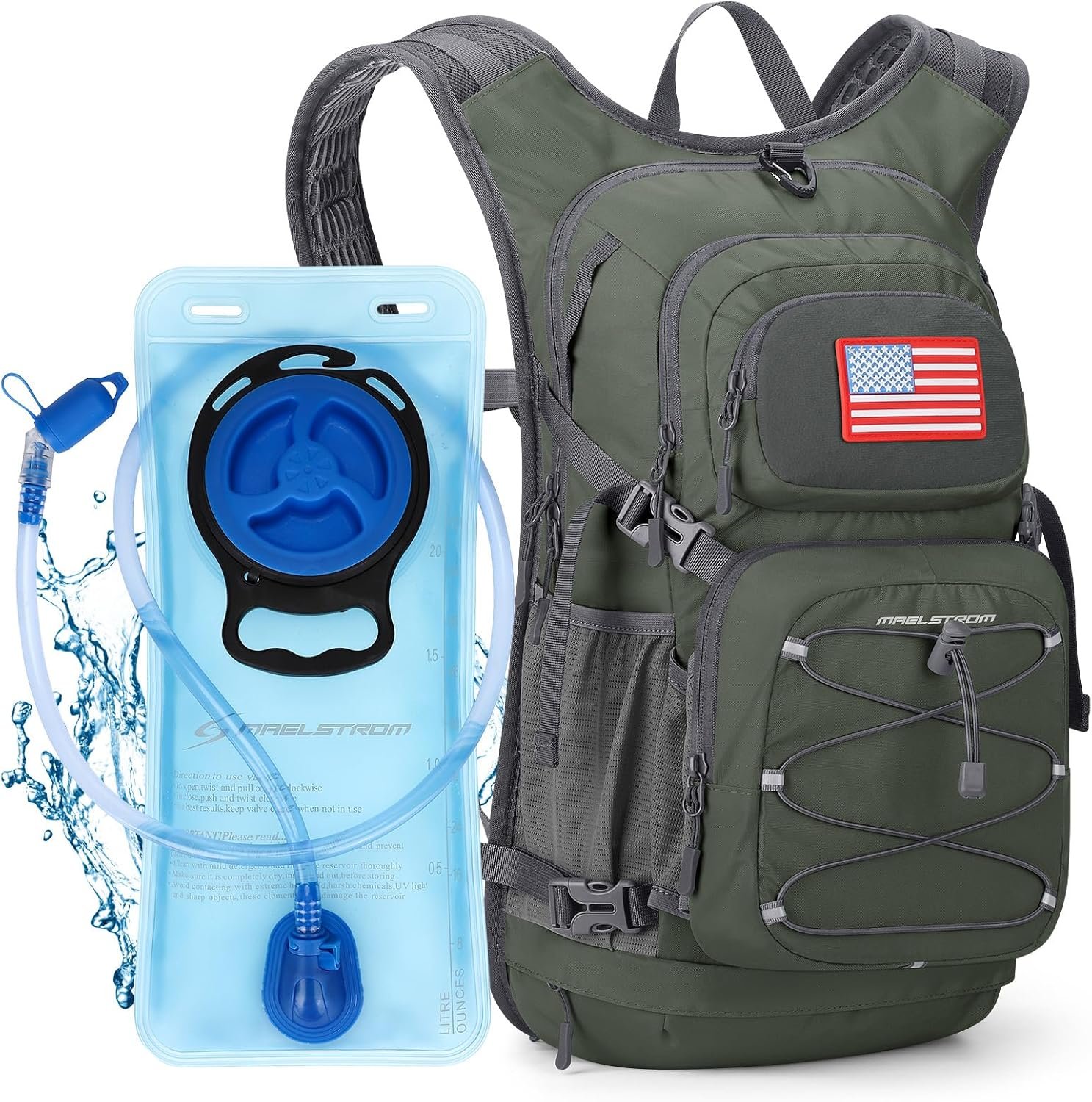 Maelstrom Hydration Backpack, Hiking Backpack with 2L Water Bladder, High Flow Bite Valve Water Backpack Men Women Lightweight Insulation for Hiking, Cycling, Running, Climbing, Camping