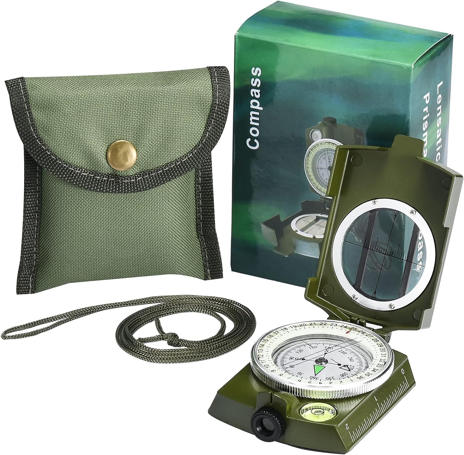 Military Lensatic Sighting Compass Survival with Carrying Bag, Compass for Hiking,Waterproof and Shakeproof, Army Green