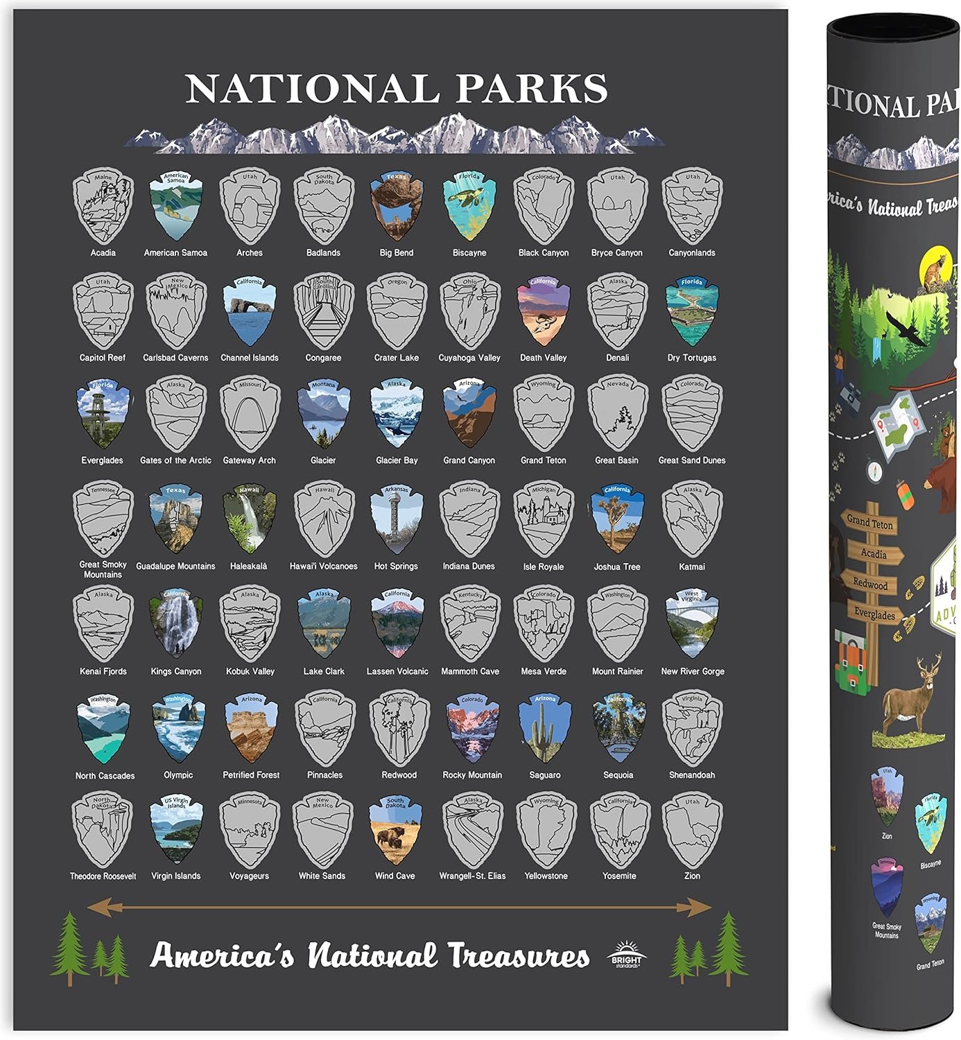 National Parks Scratch Off Map of United States Poster [Charcoal Grey], ALL 63 Parks, US Travel Map Print, USA Gift for Travelers Road Trip Adventure Journal, Fits 12”x16” frame by Bright Standards