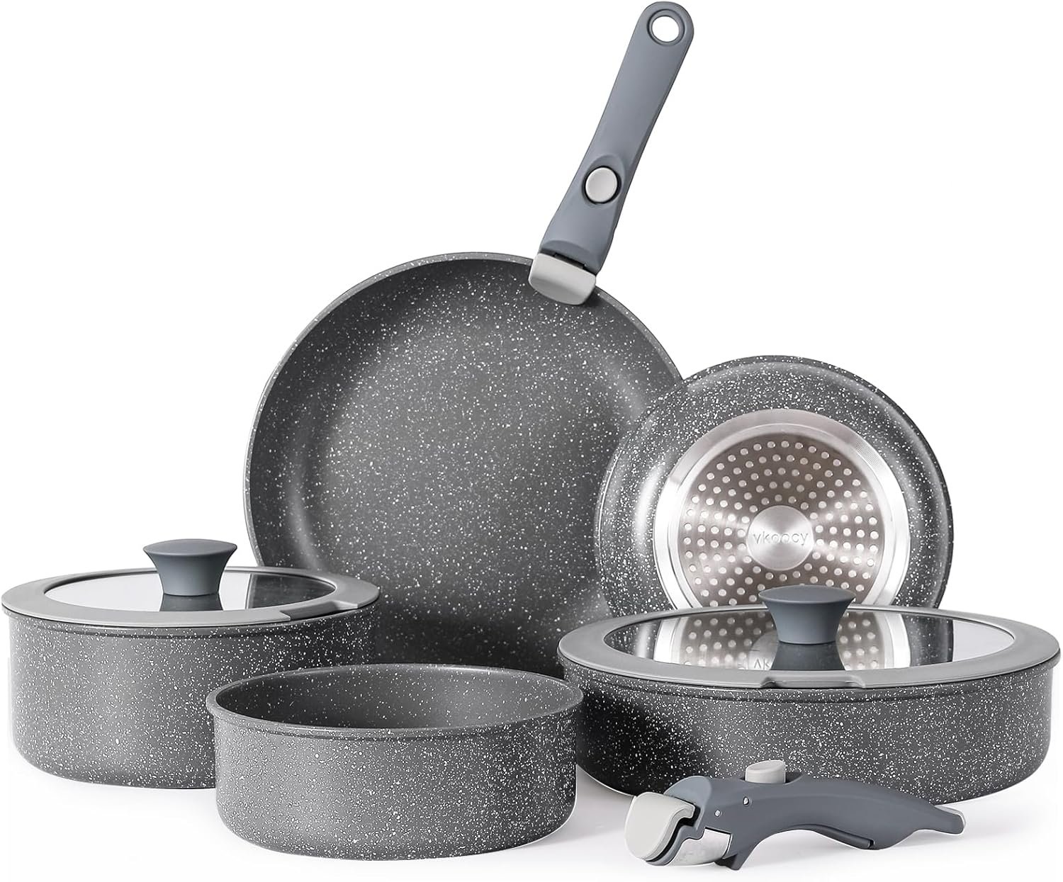 Non Stick Pot and Pan Set with Removable Handle, Ceramic Cookware Set Detachable Handle, Induction Kitchen Camping Stackable Pots Pans, Dishwasher/Oven Safe, Grey