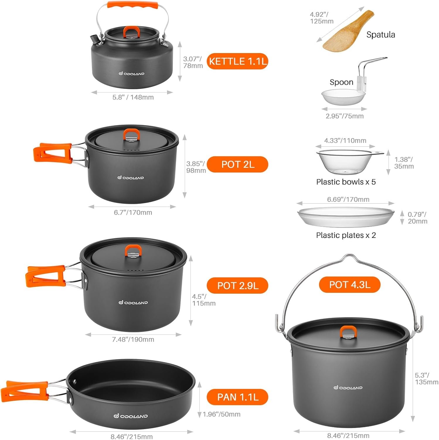 Odoland 18pcs Camping Cookware Large Size Hanging Pot Pan Kettle Set with Plastic Plates Bowls Soup Spoon for Camping, Backpacking, Outdoor Cooking and Picnic