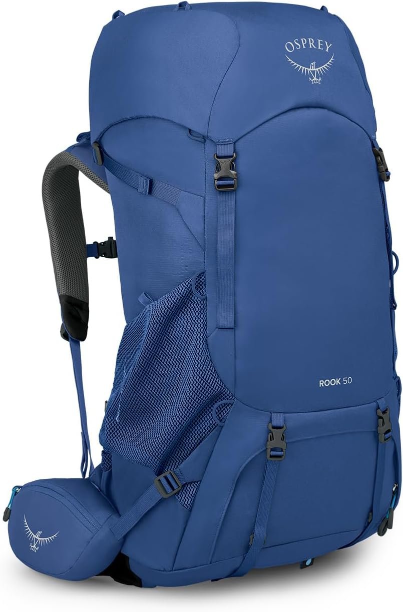 Osprey Rook 50L Mens Backpacking Backpack, Astology Blue/Blue Flame