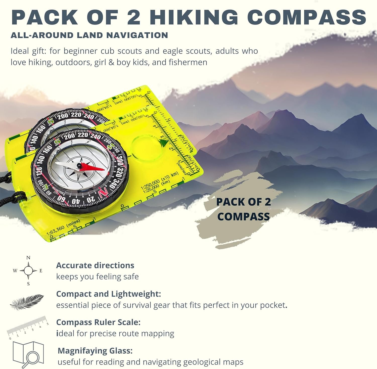 Pack of 2 Orienteering Compass Hiking-Compasses boy Scout Kids- Magnetic Gear Set Navigation map- Brujulas orientacion-Backpacking Camping Hunting Survival.