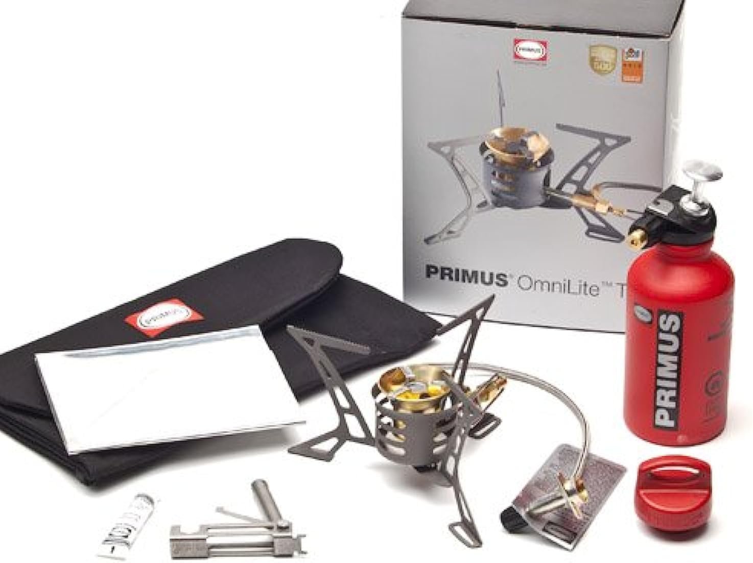 Primus P-321987 OmniLite Ti Camp Stove with 0.35-Liter Fuel Bottle, Heat Reflector and Windscreen, Grey