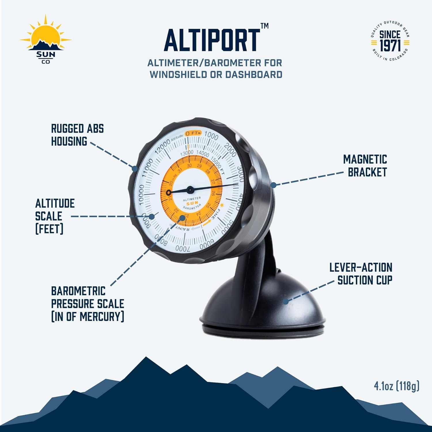 Sun Company AltiPort - Detachable Windshield and Dashboard Altimeter and Barometer | Altimeter for Cars and Trucks | Reads Altitude from 0 to 15,000 Feet