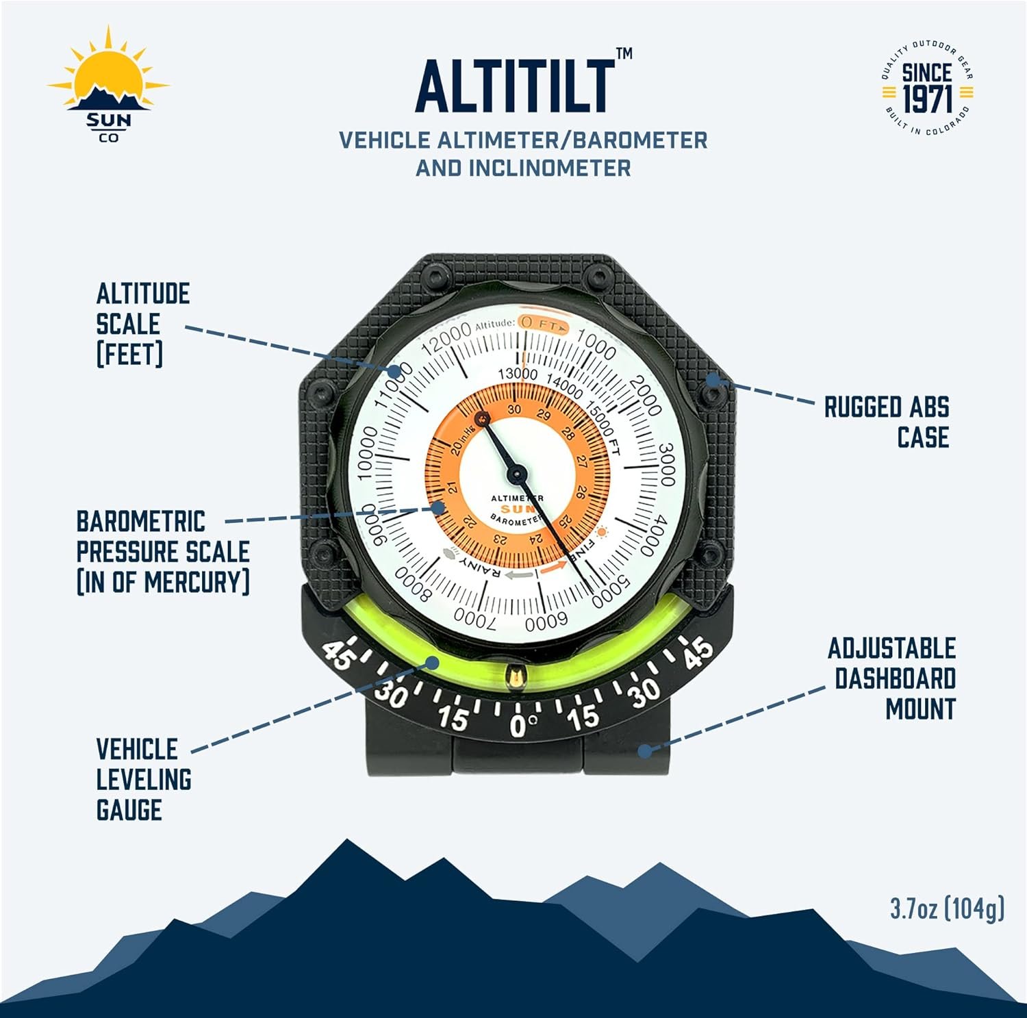 Sun Company AltiTilt - Dashboard Altimeter Inclinometer for Off-Road Vehicles | Read Altitude, Barometric Pressure, and Tilt