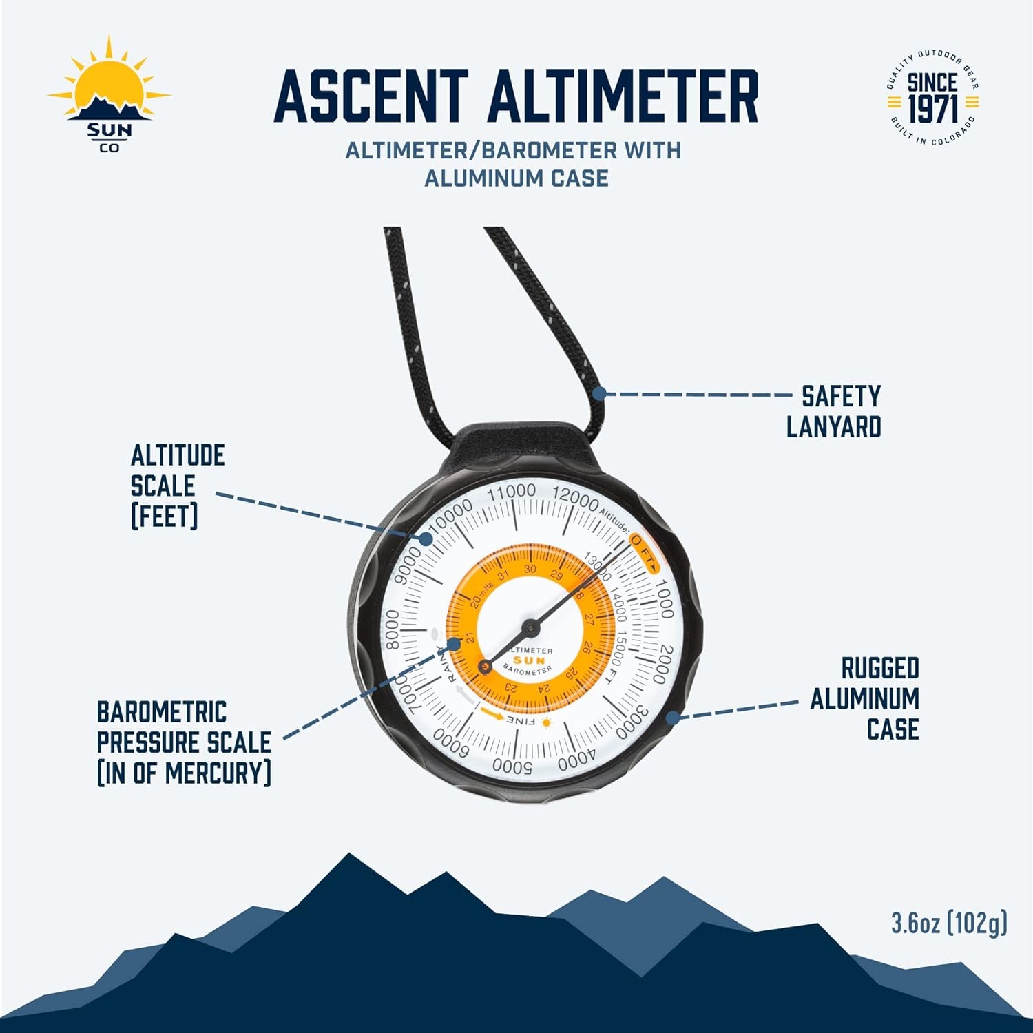 Sun Company Ascent Altimeter - Battery-Free Altimeter and Barometer | Weather-Trend Indicator with Rugged Aluminum Case and Reflective Lanyard | Reads Altitude from 0 to 15,000 Feet