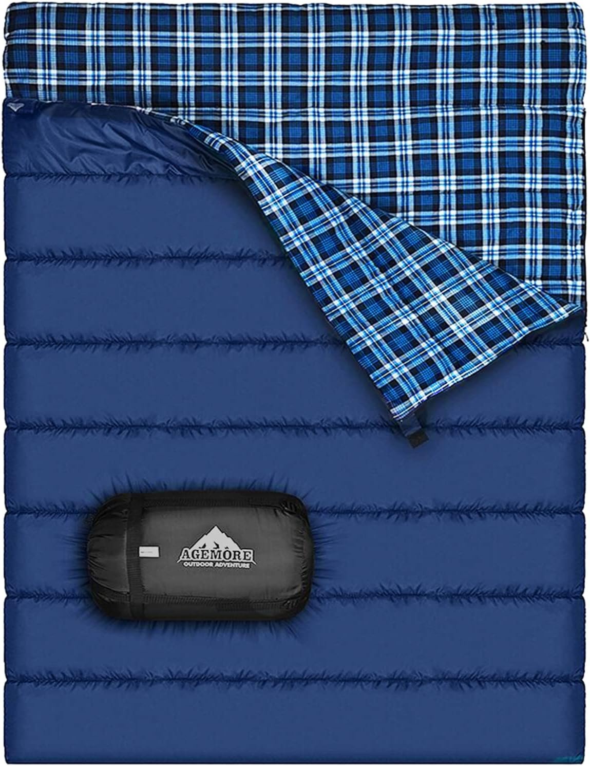 AGEMORE Cotton Flannel Double Sleeping Bag for Camping, Backpacking Or Hiking. Queen Size 2 Person Waterproof Sleeping Bag for Adults Or Teens. Lightweight with Compression Sack