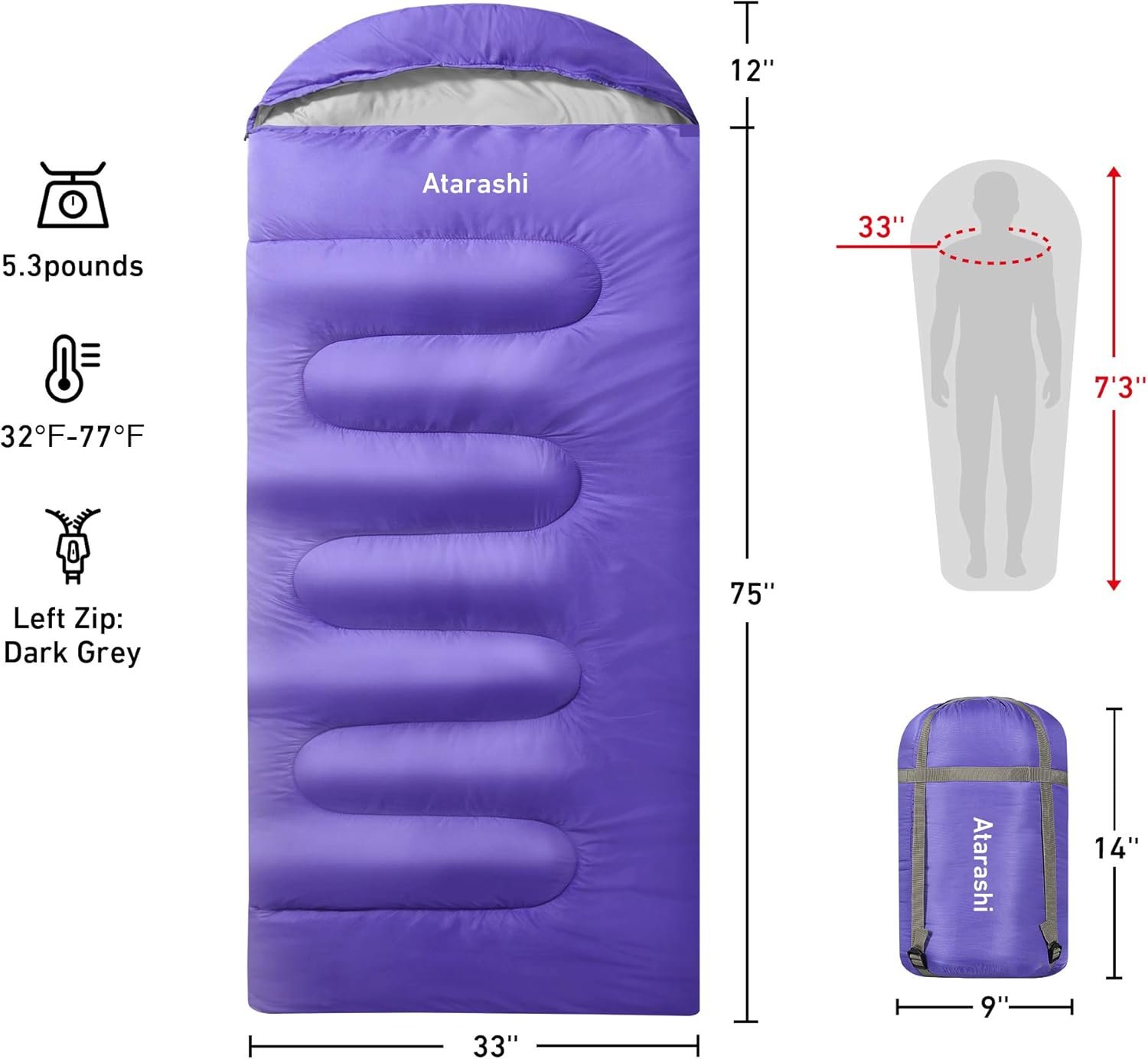 Camping Sleeping Bag- 4 Seasons for Adults, Light, Warm, Extra-Large with Compression Sack- Great for Hiking, Backpacking  Outdoor Adventures