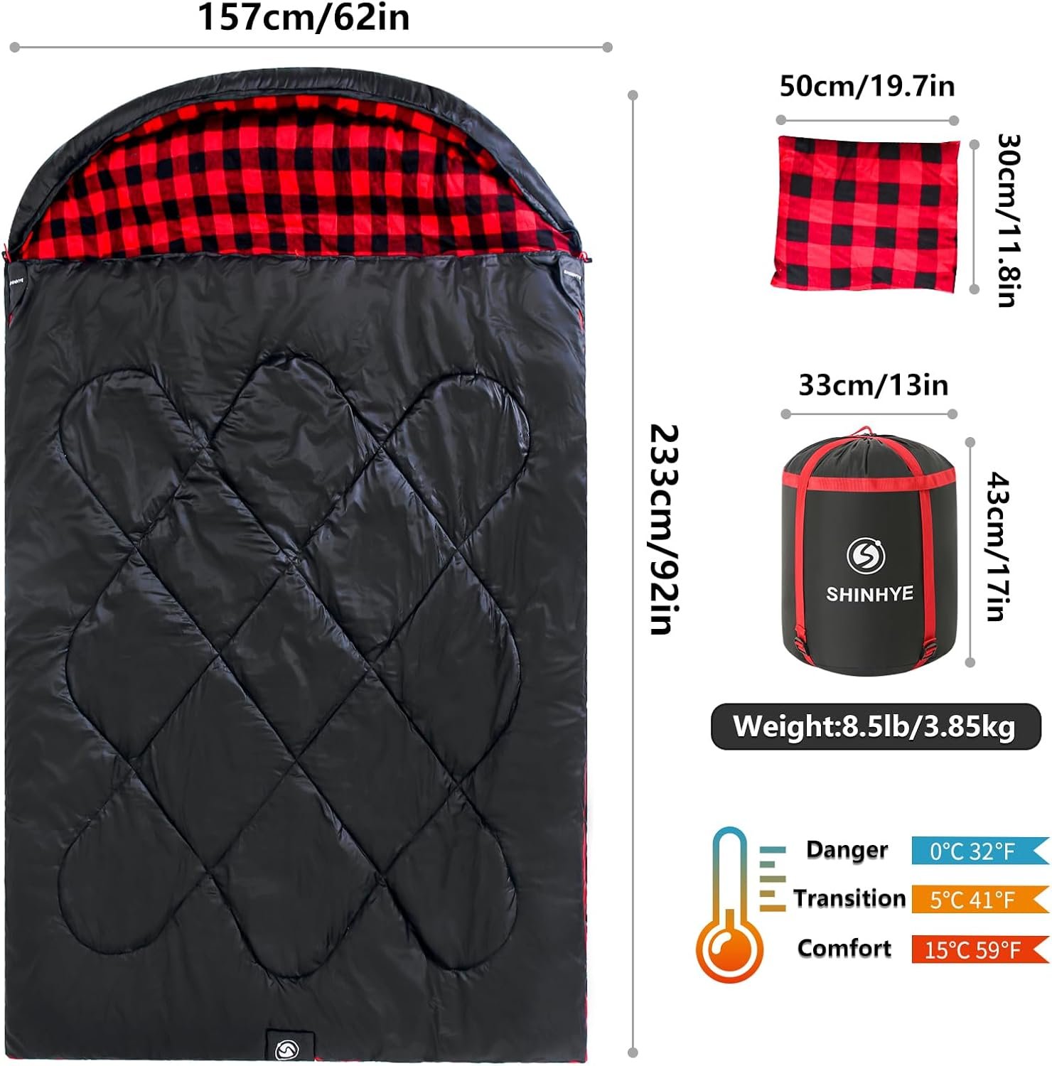 Double Sleeping Bag for Adults with 2 Pillows, Camping Sleeping Bags Flannel Cotton 2 Person Sleeping Bags XXL Queen Size Sleeping Bag for Cold Weather