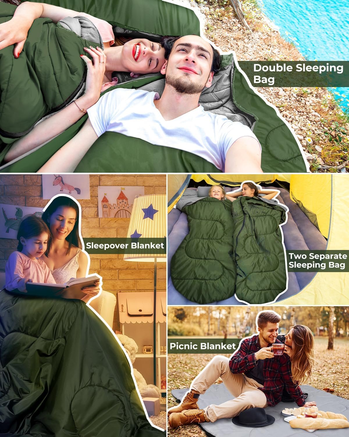 Double Sleeping Bag, Ohuhu Sleeping Bags for Adults with 2 Pillows 2 Person Sleeping Bag for Kids Waterproof Large Sleeping Bags for Family Camping Backpacking Hiking Outdoor