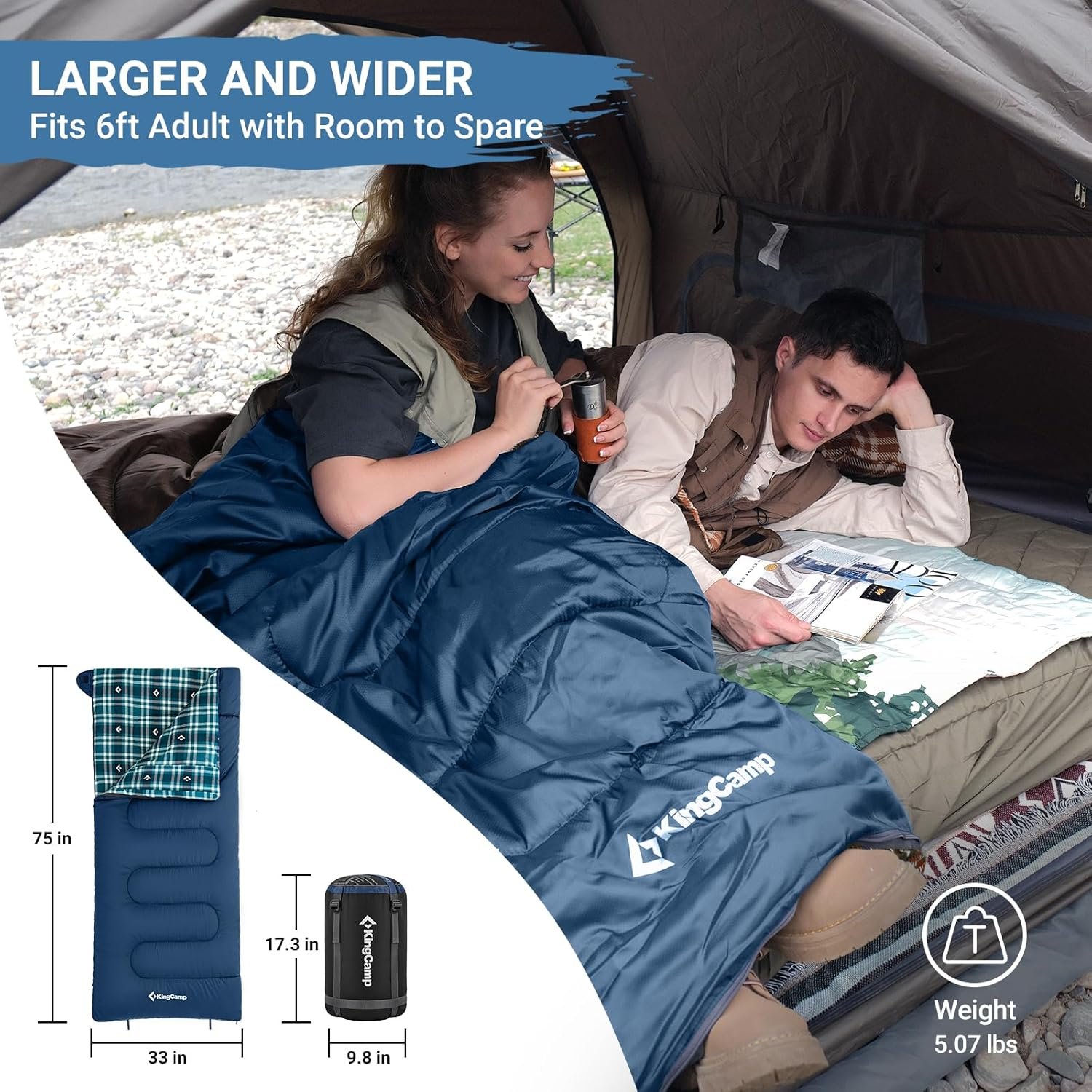 KingCamp Cotton Flannel Sleeping Bag, Big and Tall Sleeping Bags for Adults Cold Weather, Zip Together for 2P Sleeping Bag for 4 Season, Lightweight, Water Resistant for Family Camping Backpacking