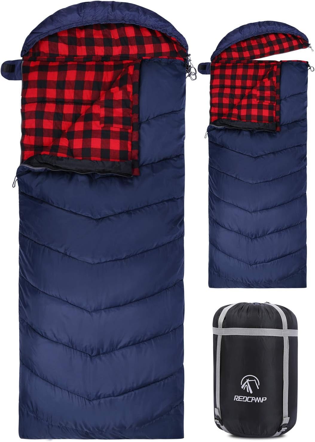 REDCAMP Flannel Sleeping Bag for Adults, Comfortable Cotton Sleeping Bags for Camping with Detachable Hood, Red/Grey/Blue