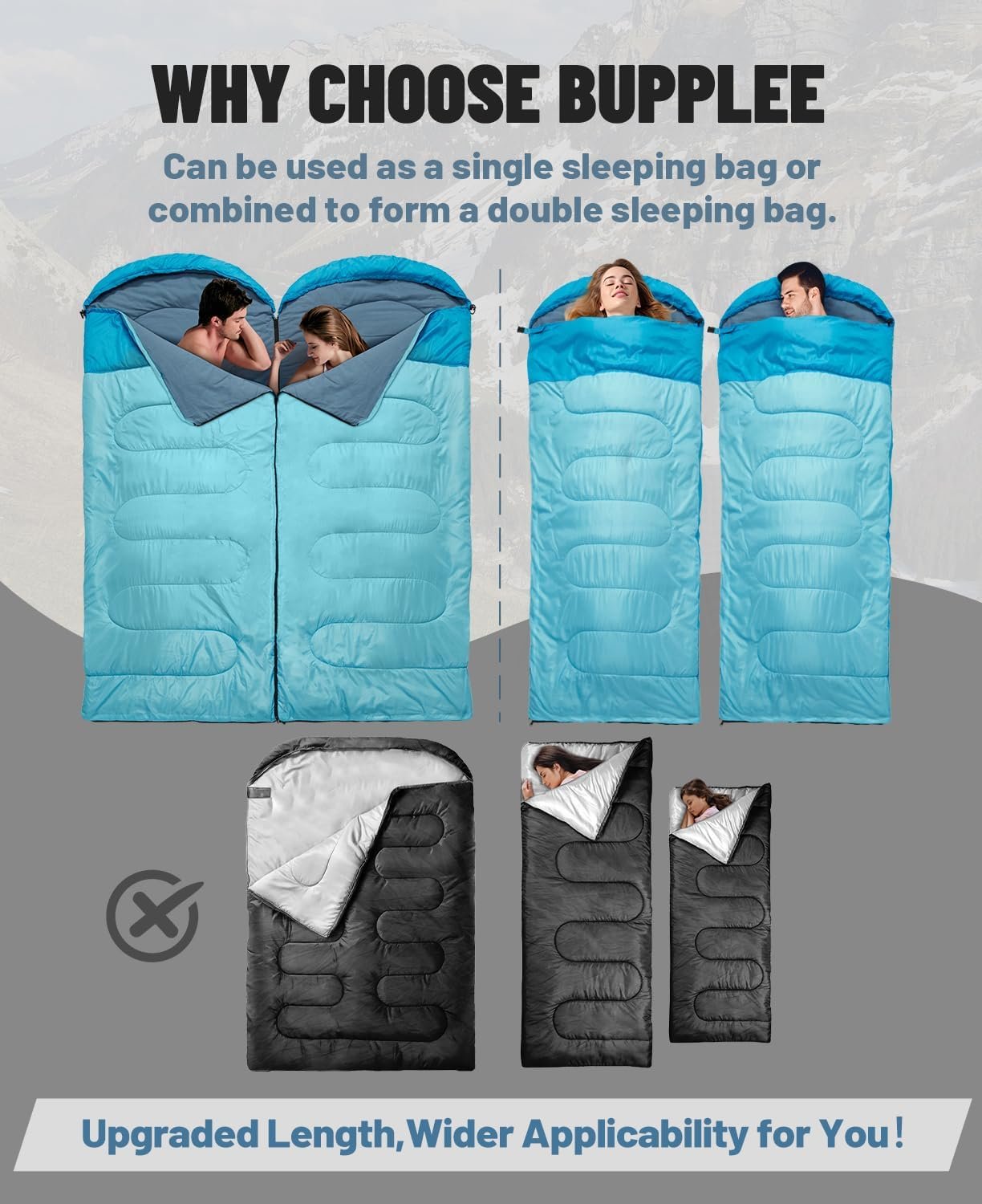 Sleeping Bag, Combinable as Double Sleeping Bags, 3 Seasons Sleeping Bags for Camping RV Waterproof, Lightweight 2 Person Sleeping Bags for Indoor Outdoor Machine Washable