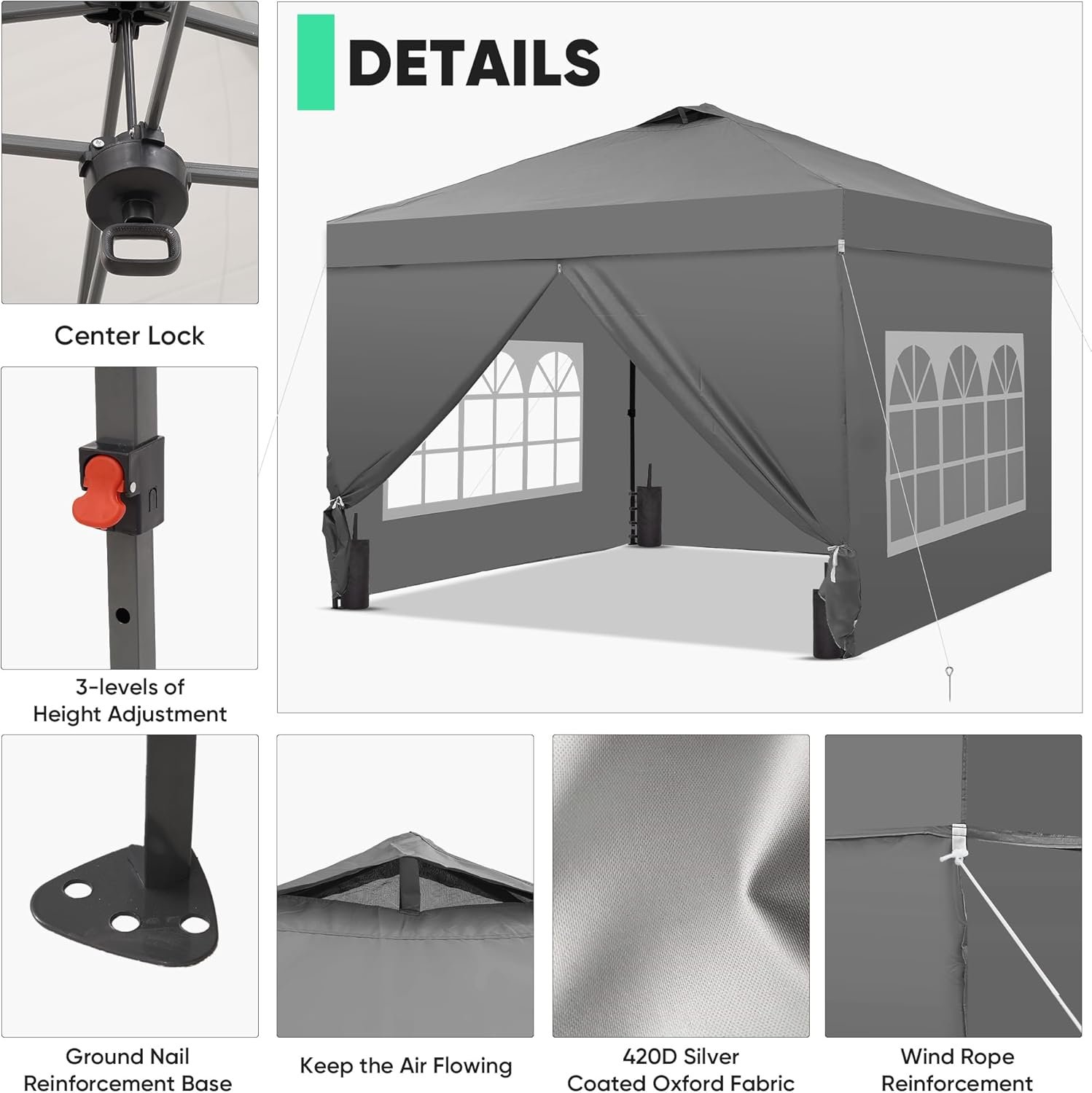 GDY 10×10 Pop Up Canopy Tent with 4 Sidewalls, Easy Set up with One Push Lift Outdoor Silver Coated Beach Gazebos, Carpas with 4 Sandbags, for Events, Parties,Camping, Gray