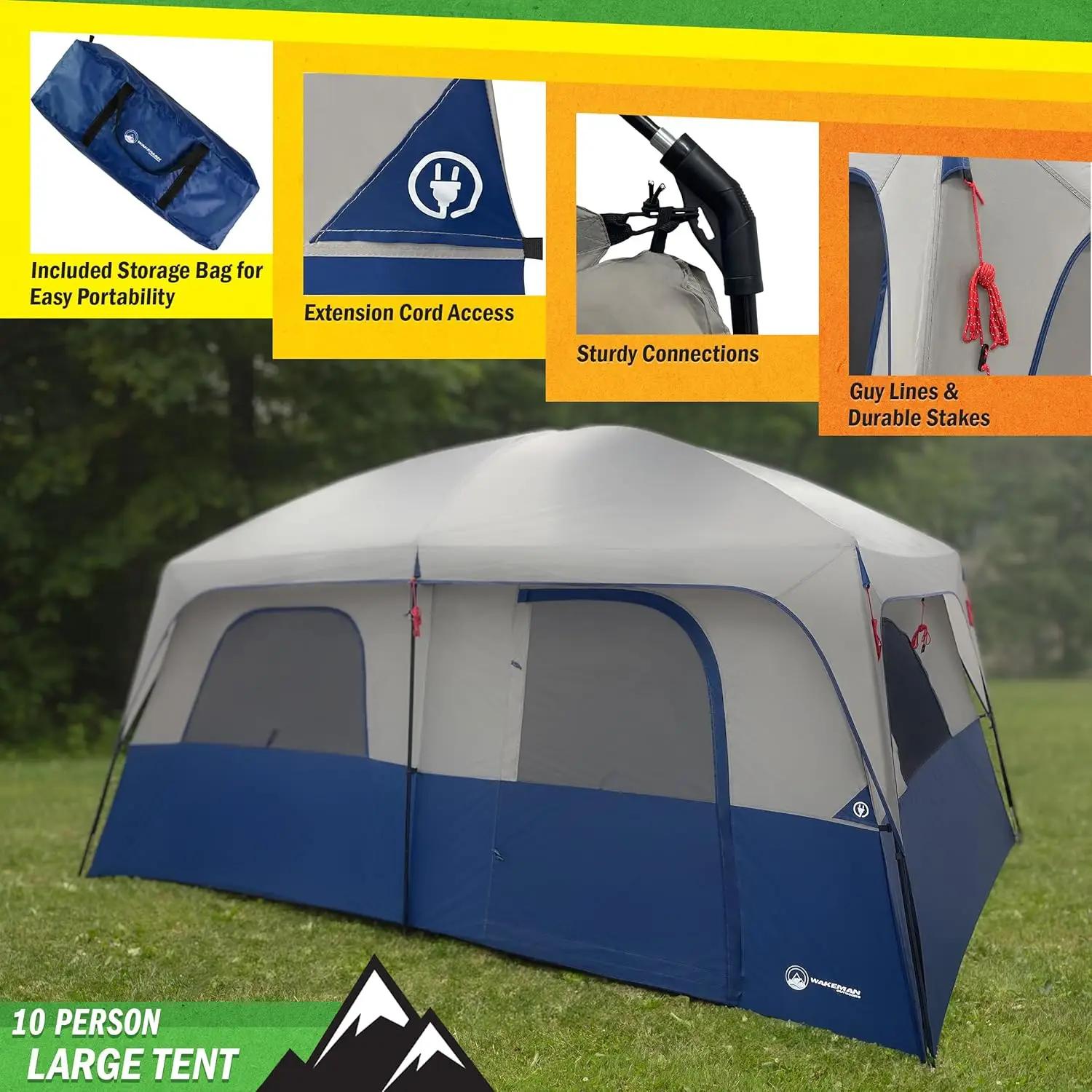 10-12 Person Large Camping Tent – Tall Family Cabin Outdoor Shelter with Room Divider, Mesh Windows, Water-Resistant Rainfly and Carry Bag for Camping and Outdoor Adventures – Wakeman Outdoors