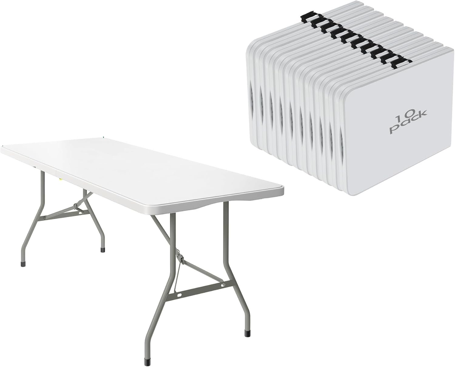 10 Pack of 6 Foot Foldable Table with Built in Handle & Steel Legs ,Heavy Duty Portable ,Perfect for Party, Dining, Wedding, Events, Picnic Indoor, Outdoor, Camping, Utility, Folding(white-10pac)