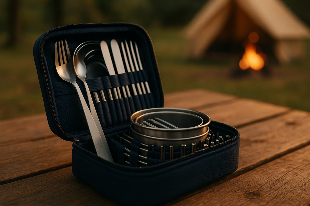 12 Pcs Camp Cooking Utensil Set  Outdoor Kitchen Gear Cookware Kit, Portable Compact Carry Case for Camping, Hiking, Travel, BBQ Grilling Stainless Steel Accessories Spoon  Fork, Navy