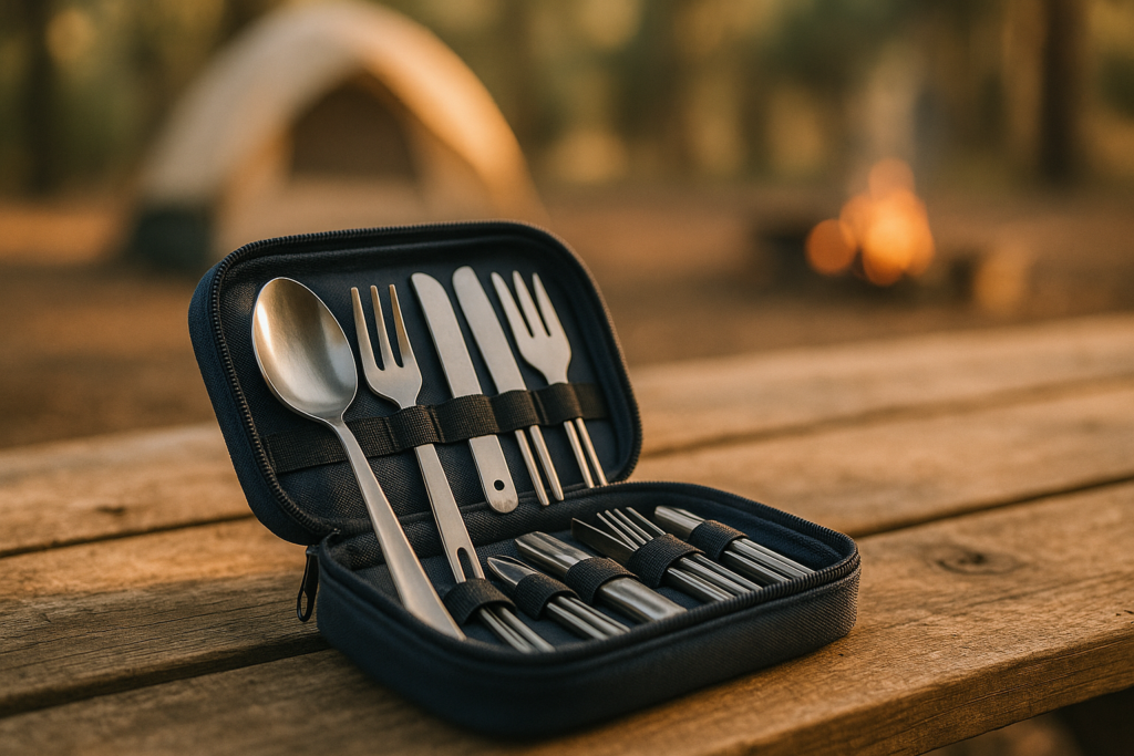 12 Pcs Camp Cooking Utensil Set  Outdoor Kitchen Gear Cookware Kit, Portable Compact Carry Case for Camping, Hiking, Travel, BBQ Grilling Stainless Steel Accessories Spoon  Fork, Navy