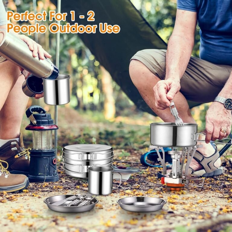 15 Pcs Camp Cooking Set Stainless Steel Camping Cookware Mess Kit with Pot Pan and Stove 2 Set Stainless Steel Cups Plates Forks Knives Spoons for Camping Backpacking Outdoor Cooking Picnic