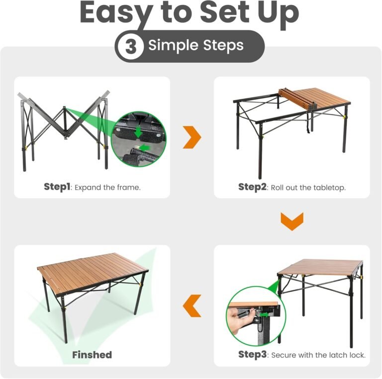 46.4″ Large Folding Camping Table for 2-6 People – Heavy Duty Camp Table Foldable with Aluminum Roll-Up Top & Carry Bag – 220lbs Capacity, Portable for BBQ, Tailgating, Backyard (Natural)