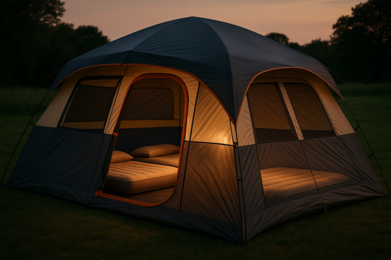 8 Person Larger Extended Dome Camping Tent with 3 Rooms, Waterproof Semi-Freestanding Family Outdoor Tent with Spacious Interior and Mesh Windows