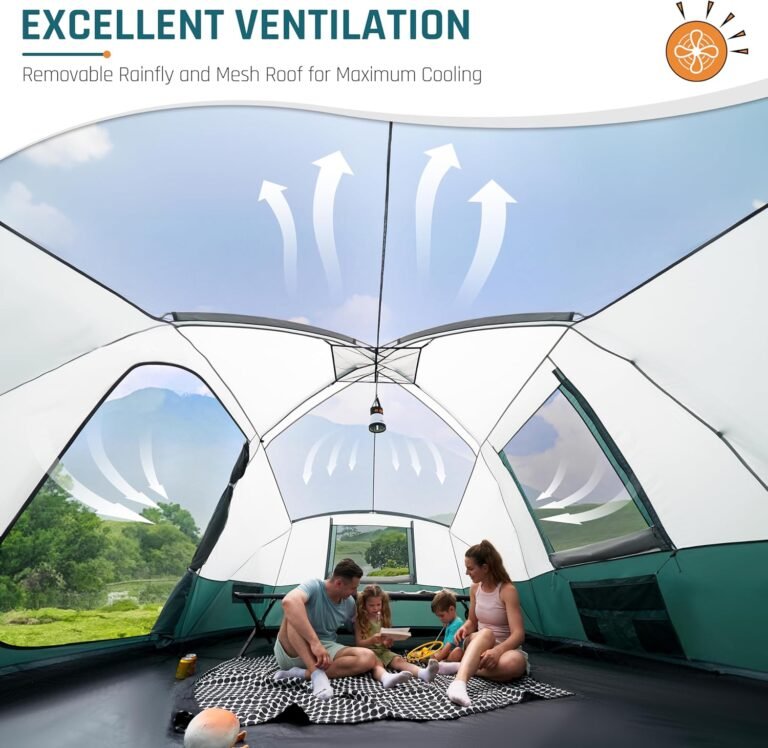 8/10/11 Person Camping Tent with Porch, Large Family Tents for Camping, PU1000MM Waterproof Tent with 5 Mesh Windows, Removable Rainfly, Reflective Windproof Rope, Big Dome Tent Fits 3 Queen Airbeds