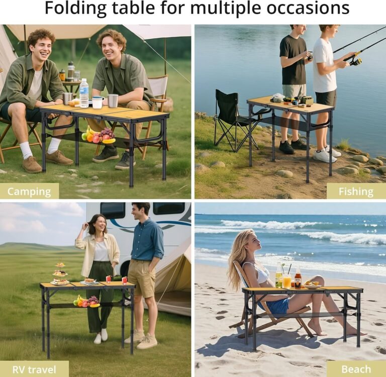 Anbte 3ft Camping Table Foldable with Storage Net and Bag, 3 Adjustable Heights High 27.5″ Aluminum Camping Table Portable, for Outdoor Indoor Backyard BBQ Cooking Party Picnic Beach, Light Oak Grain