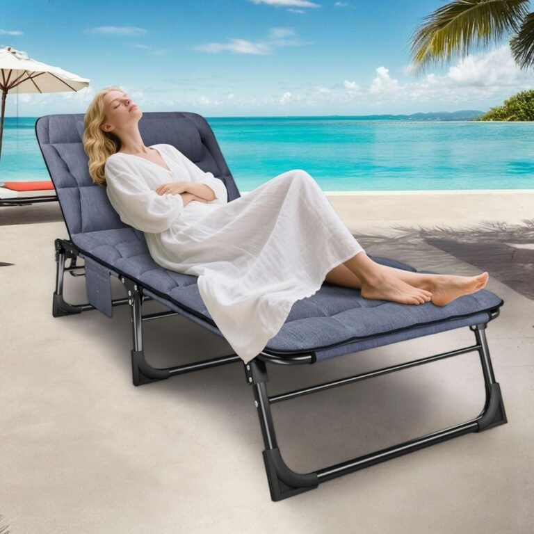 ATORPOK Folding Camping Cot for Adults with Padded Mattress and Pillow, Adjustable Reclining Lounger Sleeping Cot Bed, Ideal for Camping, Travel, Garden, or Office Use, Blue