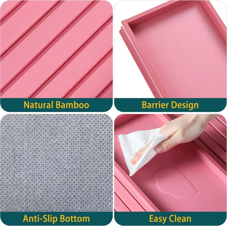 Bamboo Couch Arm Tray Table，Foldable Sofa Armrest Tray Table for Couch，Flexible and Anti-Slip Couch Arm Cup Holder，Portable Sofa Arm Chair Table for Drink,Cups, Eats，Snacks, Phone, Remote (Pink)