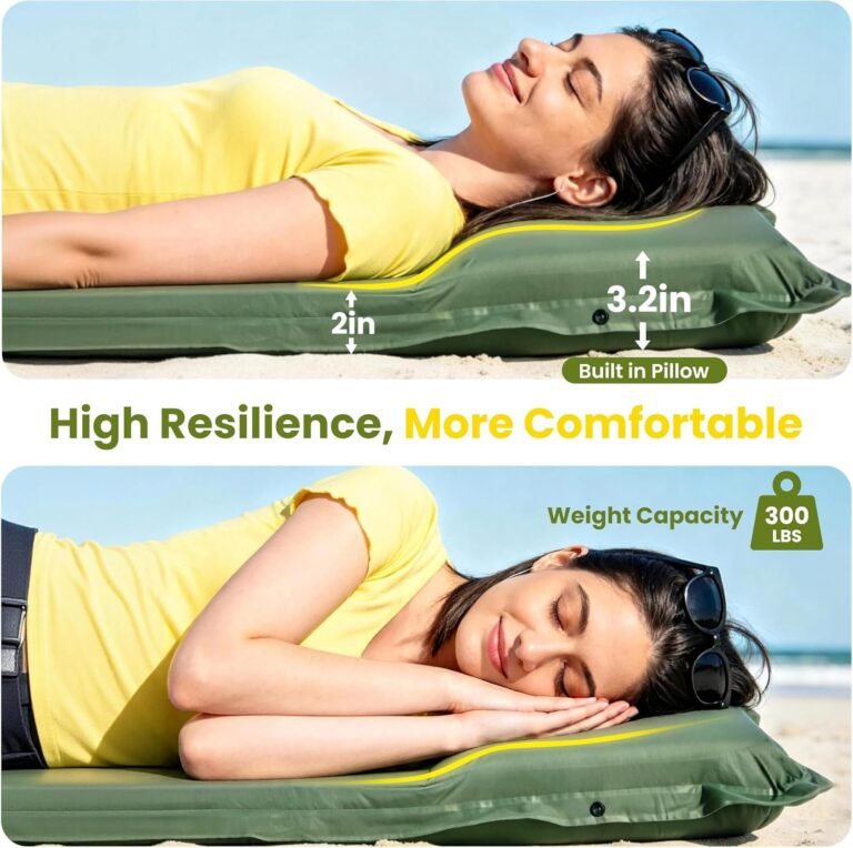 Camping Sleeping Pad, Built-in Foot Pump Inflatable Sleeping Pads, Memory Foam Mattress with Pillow, 4 Season Camping Mattress Pad, Camping Essentials Gear for Tent, Car, Hiking – Green