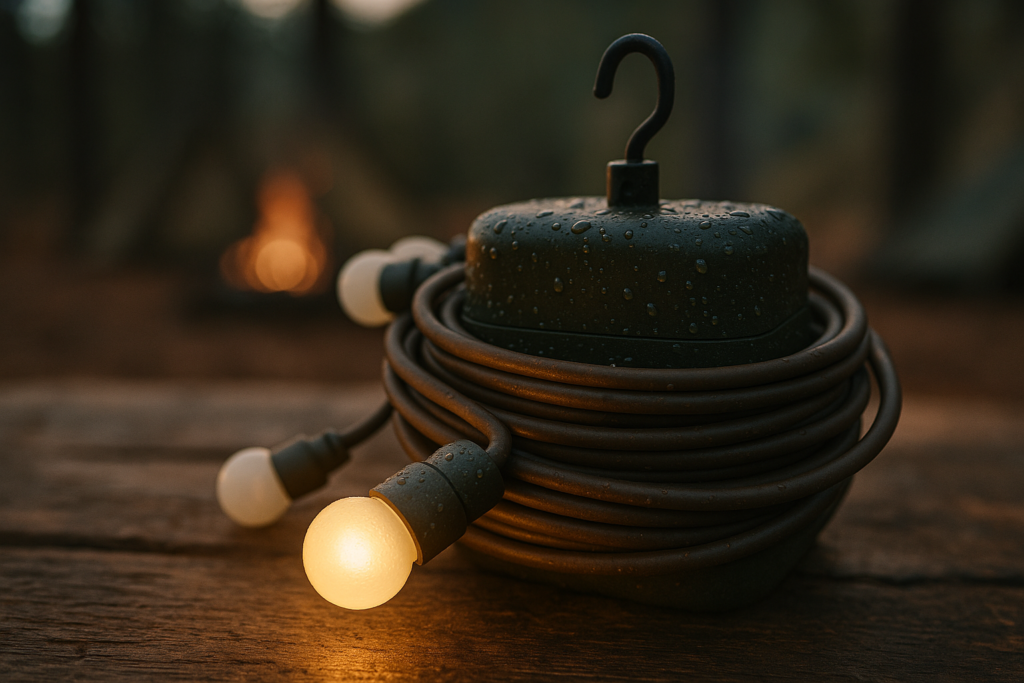 Camping String Lights, 4 in 1 Quick Storage 32.8FT Rechargeable Tent Lights with 9 Lighting Modes, Hanging Waterproof Portable LED Lamp for Outdoor Patio Awning Garden Party Camping Essentials Gear