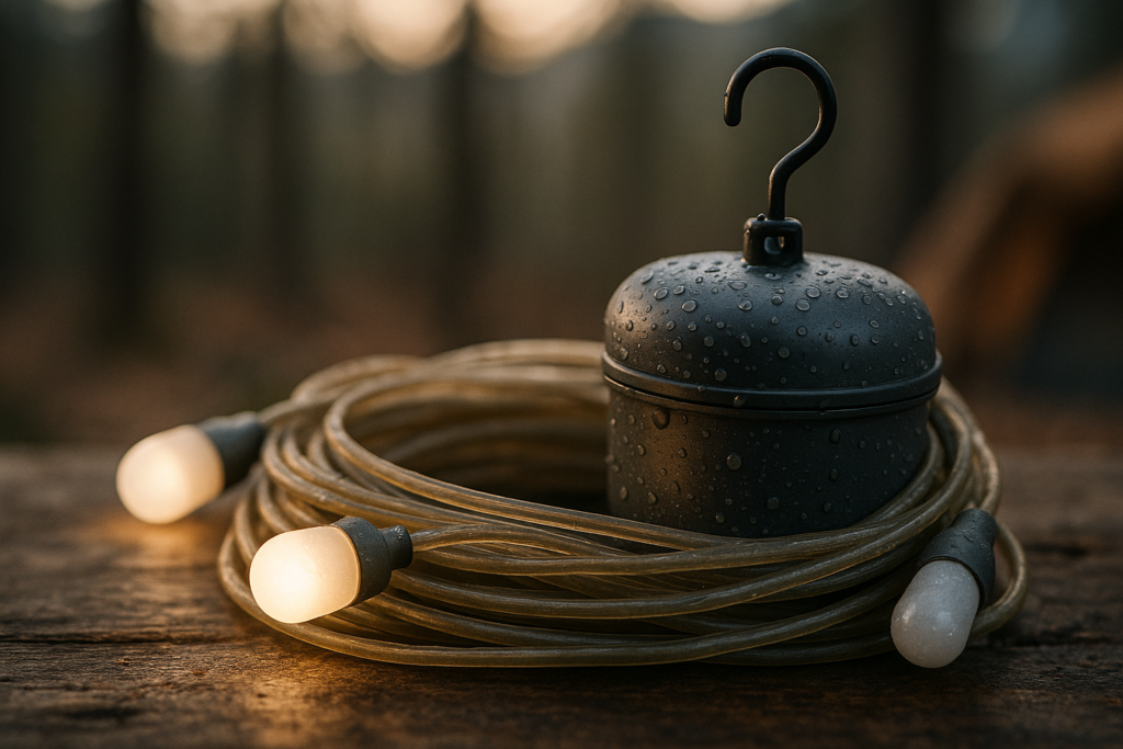 Camping String Lights, 4 in 1 Quick Storage 32.8FT Rechargeable Tent Lights with 9 Lighting Modes, Hanging Waterproof Portable LED Lamp for Outdoor Patio Awning Garden Party Camping Essentials Gear