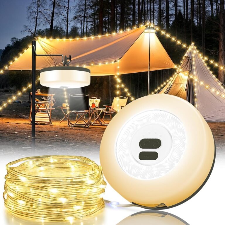 Camping String Lights, 4 in 1 Quick Storage 32.8FT Rechargeable Tent Lights with 9 Lighting Modes, Hanging Waterproof Portable LED Lamp for Outdoor Patio Awning Garden Party Camping Essentials Gear