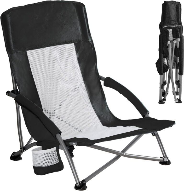 DUMOS Low Beach Chair for Adults, Lightweight Folding Beach Chair with Cup Holder, Storage Bag, Breeze Mesh Back, Padded Armrests, Compact Low Profile Chair for Camp, Picnic, Lawn, Sand