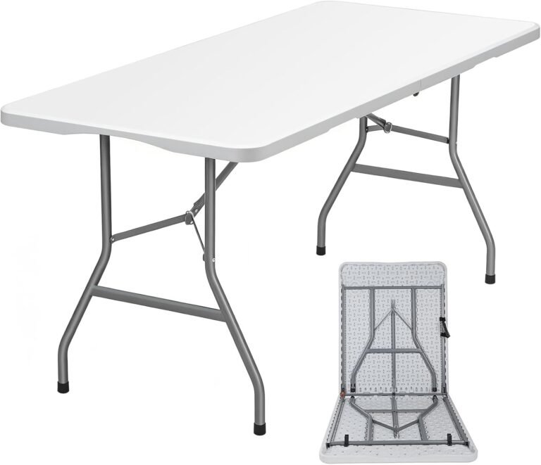 Folding Table 6ft Heavy Duty Portable Table Indoor Outdoor with Parties, Camping & BBQs, Folds in Half for Easy Storage, No Assembly Required, White