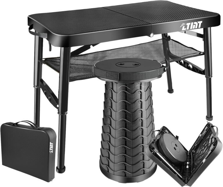 Folding Table and Stool, Small, Black, 4 Foot Outdoor Portable Table, Adjustable Height, Camping, Picnic, RV Table, 55lbs Load-Bearing, Lightweight