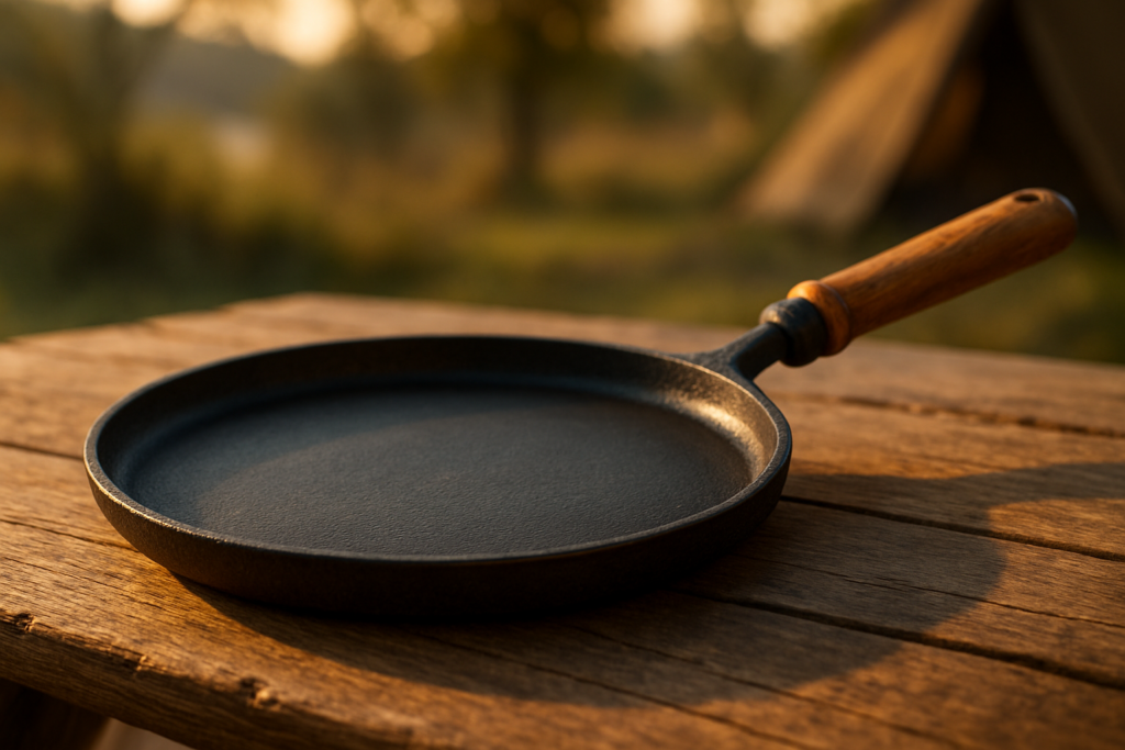 Frying Pan Skillet 8-inch Flat Griddle Pan, Lightweight Small Grill Pan with Wooden Handle for Camping Indoor Outdoor Cooking