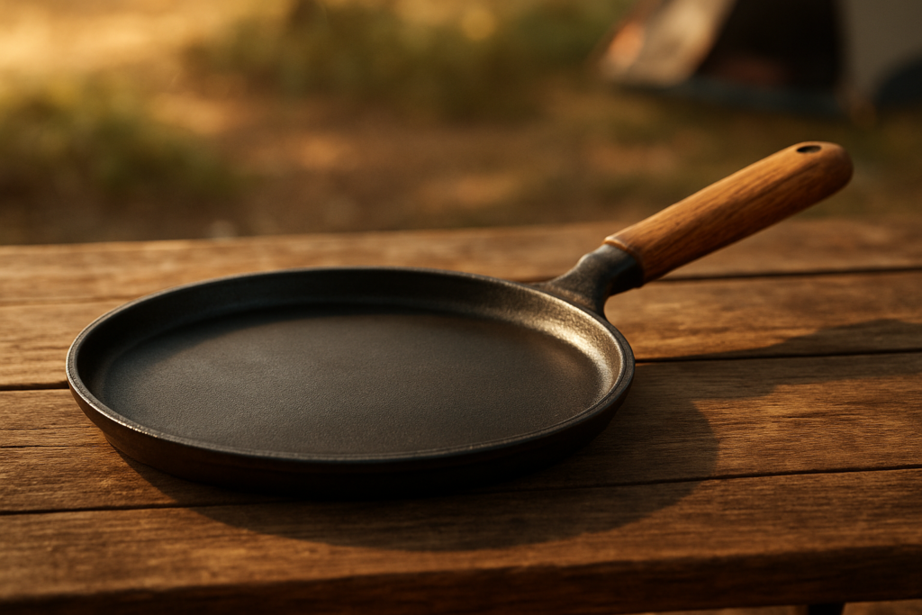 Frying Pan Skillet 8-inch Flat Griddle Pan, Lightweight Small Grill Pan with Wooden Handle for Camping Indoor Outdoor Cooking