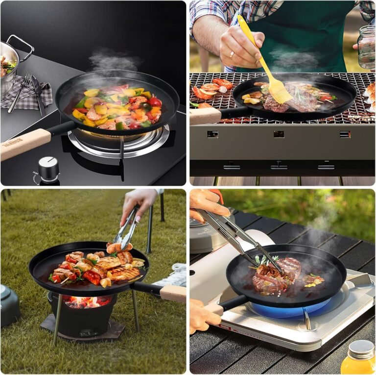 Frying Pan Skillet 8-inch Flat Griddle Pan, Lightweight Small Grill Pan with Wooden Handle for Camping Indoor Outdoor Cooking