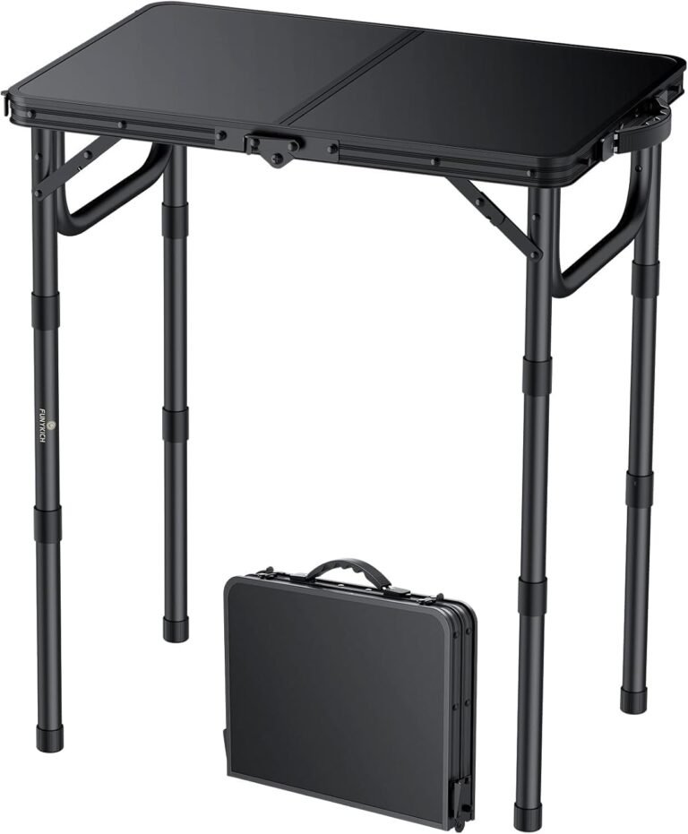 FUNYKICH 2ft Small Folding Camping Table, 3 Height Adjustable Portable Picnic Table, Lightweight Aluminum Outdoor Tables with Carry Handle for Camping, Picnic, BBQ, L22.8 xW15.7 (58x40cm)
