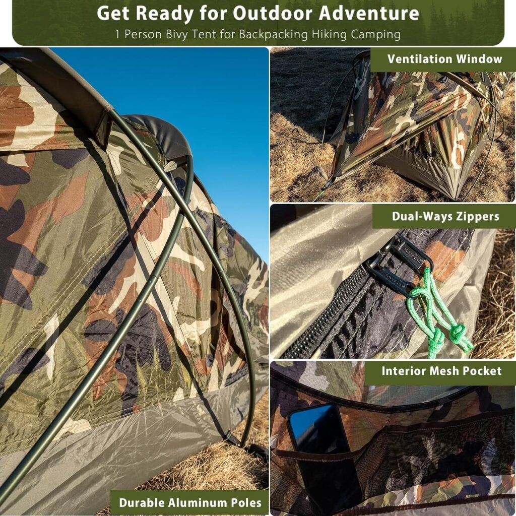 GEERTOP Ultralight Single Person Bivy Tent for Camp Waterproof Man Tent for Camping Hiking Backpacking Hunting Outdoor Survival Gear - Easy Set Up