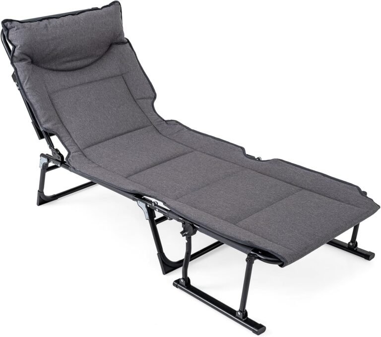 Giantex Folding Patio Lounge Chair with 6 Backrest Positions, Portable Foldable Bed with Cushion and Armrest, Head Pillow, Adjustable Recliner, Outdoor Camping Cot for Yard, Bench, Office, Home (1)